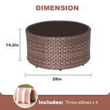 SUNSITT Round Outdoor Coffee Table with Tempered Glass Top, Rattan PE Resin Wicker Patio Side Table, Brown SUNSITT