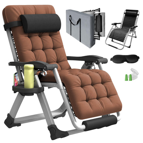 YOMIFUN Oversized Zero Gravity Chair, XL lounge Chair 29” Width, Padded Reclining Camping Chair W/Removable Cushion & Adj Headrest, Storage Bag, Footrest Cushion, Cup Holder, For Indoor Outdoor, Brown YOMIFUN