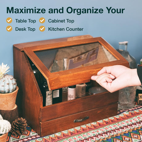 Vintage Tabletop Organizer with Glass Top Compartment -2-Tier Display Cabinet for Desk - Wooden Desktop Storage Box with Drawer and See-through Cabinet - Mahogany Brown Organizing Unit Woodaholic