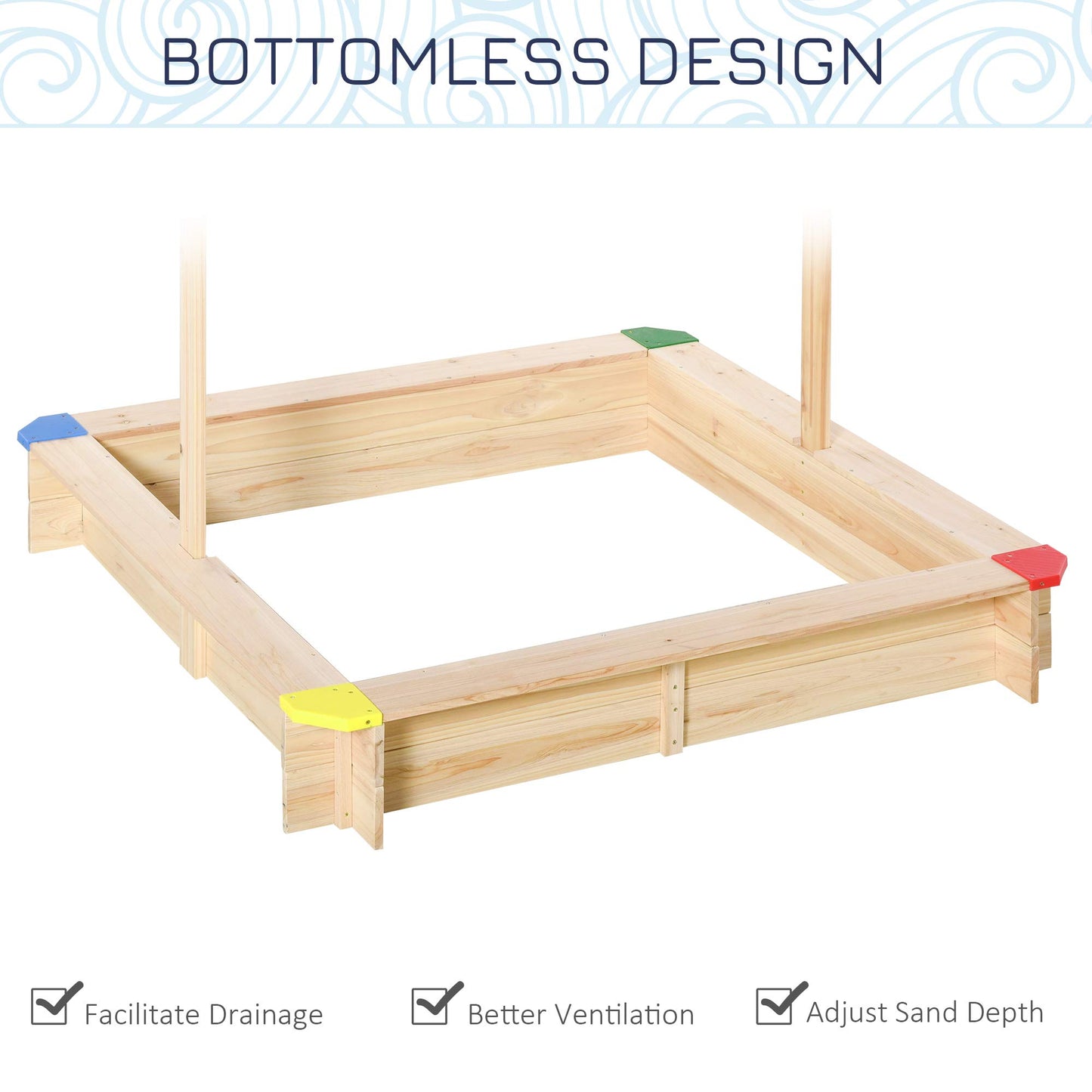 Outsunny Wooden Sandbox w/Adjustable Canopy, Children Outdoor Playset Weather Resistant 47" L x 47" W x 47" H, Natural & Blue - WoodArtSupply