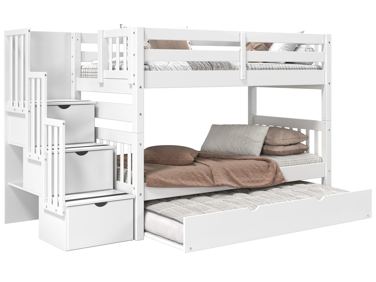 Bedz King Stairway Bunk Beds Twin over Twin with 3 Drawers in the Steps and a Twin Trundle, White Bedz King