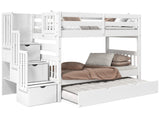 Bedz King Stairway Bunk Beds Twin over Twin with 3 Drawers in the Steps and a Twin Trundle, White Bedz King