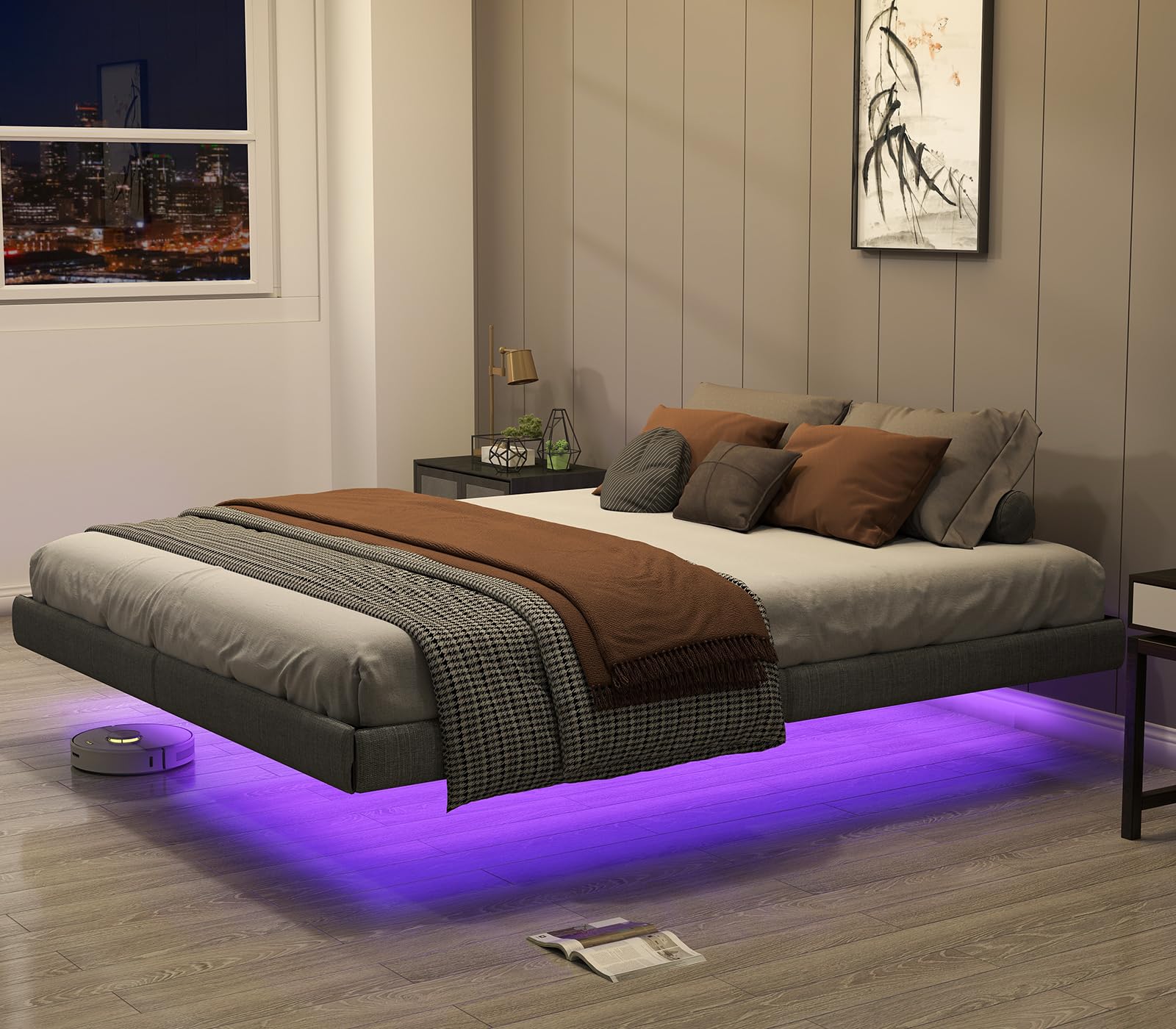 RVONOW King Size Floating Bed Frame with LED Lights and Under Bed Storage - Metal Platform Design, Noise-Free Assembly - WoodArtSupply