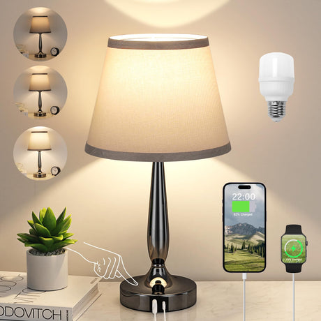Kakanuo Touch Table Lamp for Bedroom, Small Bedside Lamp with USB C Charging Port, 3 Way Dimmable Touch Control Nightstand Lamp for Living Room and Office, LED Bulb Included Kakanuo
