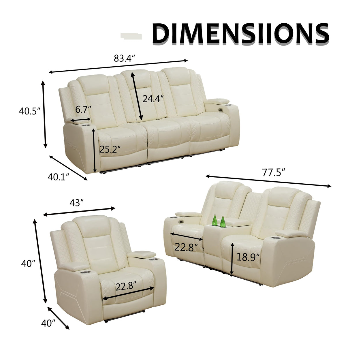 GEBADOL Power Recliner Sofa Set, Breathing Leather Sofa Set with Storage Console/Cup Holders/USB Ports, Leather Reclining Couch Set for Living Room (Creamy White, Sofa+LOVESEAT+Chair) GEBADOL