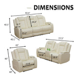 GEBADOL Power Recliner Sofa Set, Breathing Leather Sofa Set with Storage Console/Cup Holders/USB Ports, Leather Reclining Couch Set for Living Room (Creamy White, Sofa+LOVESEAT+Chair) GEBADOL