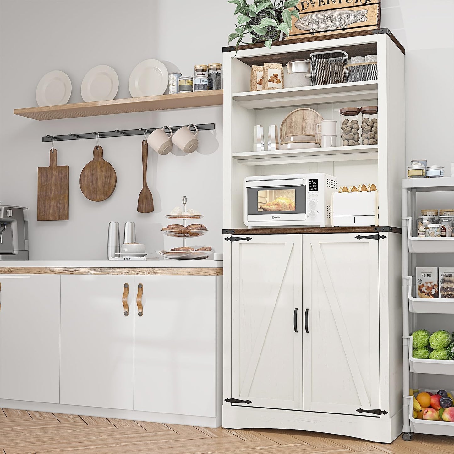 Farmhouse Tall Storage Cabinet with Adjustable Shelves and Barn Doors - 71in White Kitchen Pantry - WoodArtSupply