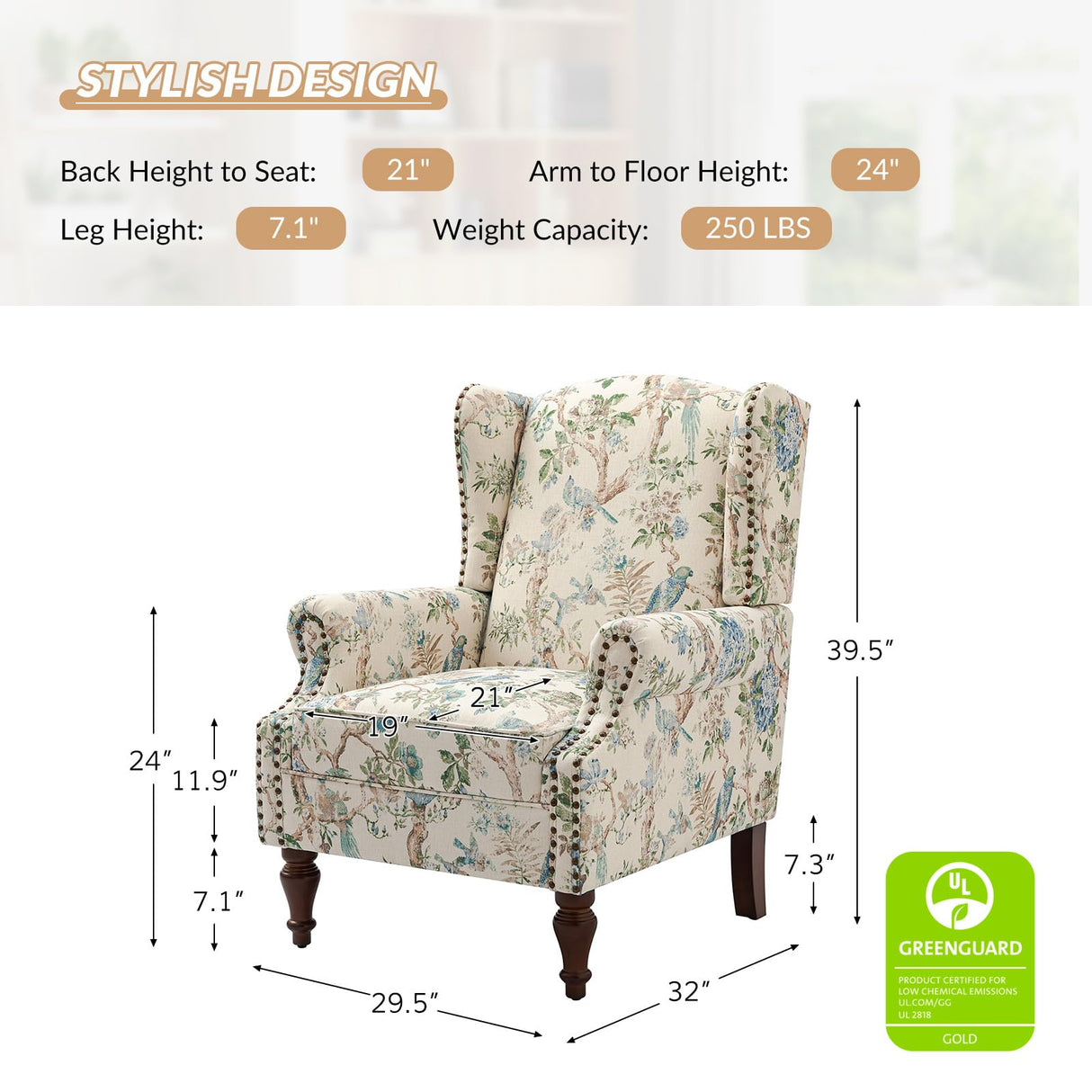 HULALA HOME Wingback Accent Chair with Floral Pattern Design, Traditional Fabric Armchair with Nailhead Trim and Retro Wooden Legs, Bird HULALA HOME