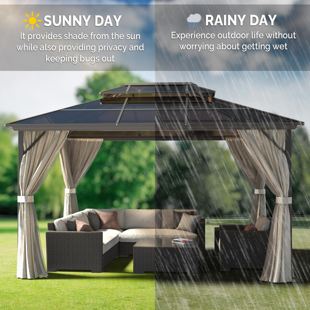 VINGLI 10’ x 13’ Outdoor Hardtop Gazebo Polycarbonate Double Roof Canopy Aluminum Frame Pavilion with Curtains and Netting Patio Gazebo Pergola VINGLI