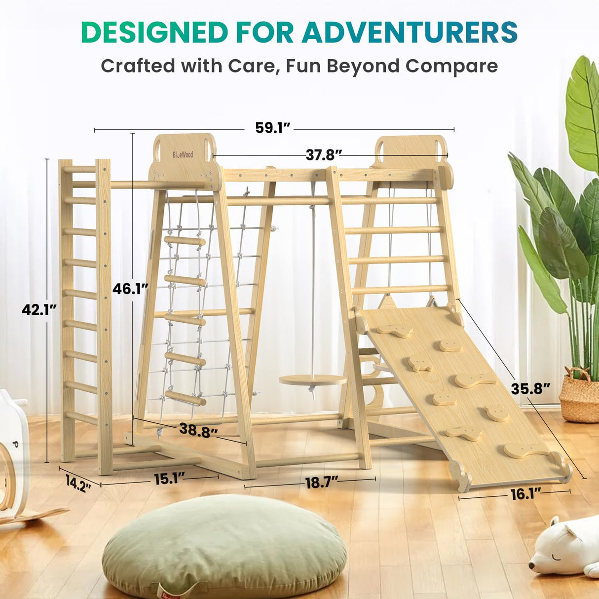 BlueWood Upgraded Indoor Playground 9-in-1 Jungle Gym Kids Climbing Toys, Waldorf Style Wooden Climber Playset with Slide, Swing, Monkey Bars, Upright/Rope Ladder, Climb Net, Natural Wood BlueWood