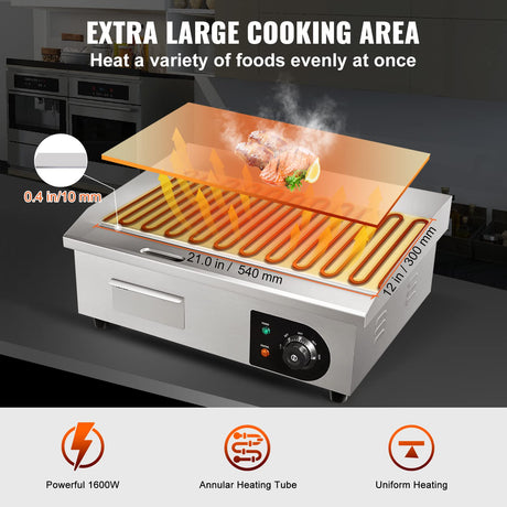 VEVOR Commercial Electric Griddle, 22", 1600W Countertop Flat Top Griddle, Stainless Steel Teppanyaki Grill w/Iron Cooking Plate, 122-572℉ Adjustable Temp Control 2 Shovels & Brushes, 110V VEVOR