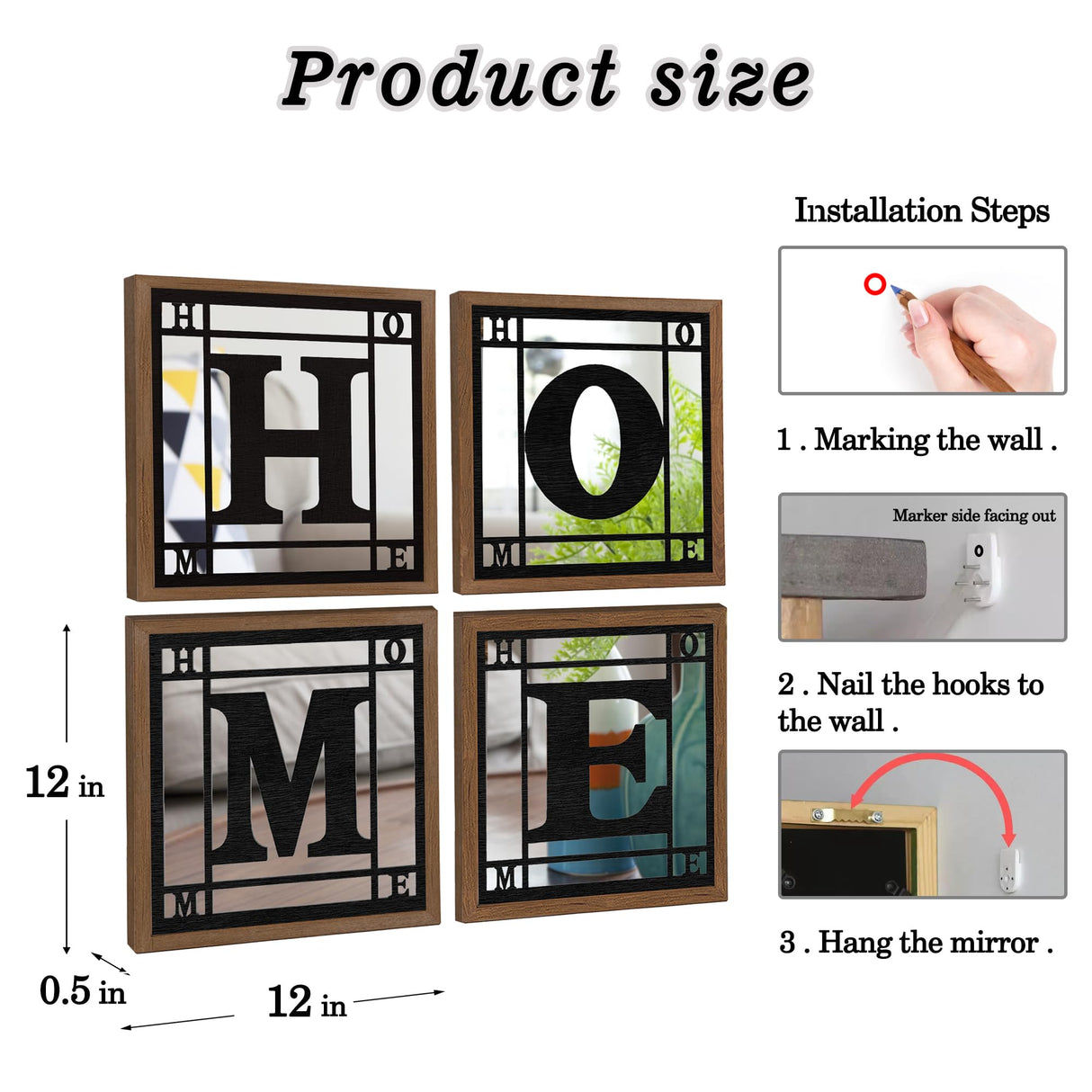 M ACHOOSE 4 PCS Square Wall Mirrors, Rustic Farmhouse Accent Mirror， Home Wall Decor for Living Room, Bedroom, Bathroom & Entryway M ACHOOSE