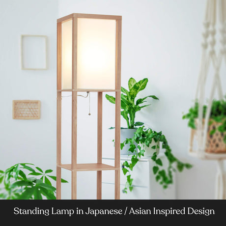 Brightech Maxwell - Modern Shelf Floor Lamp with Lamp Shade and LED Bulb - Corner Display Floor Lamps with Shelves for Living Room, Bedroom and Office - Natural Wood Brightech