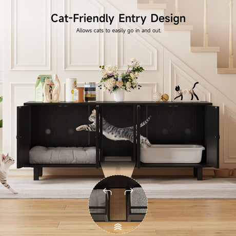 ONBRILL 59 Inches Cat Litter Box Enclosure for 2 Cats, Hidden Litter Boxes Furniture with Cat Scratch Pad, Large Indoor Pet House with Double Room, Wooden TV Stand Side Table, Black ONBRILL