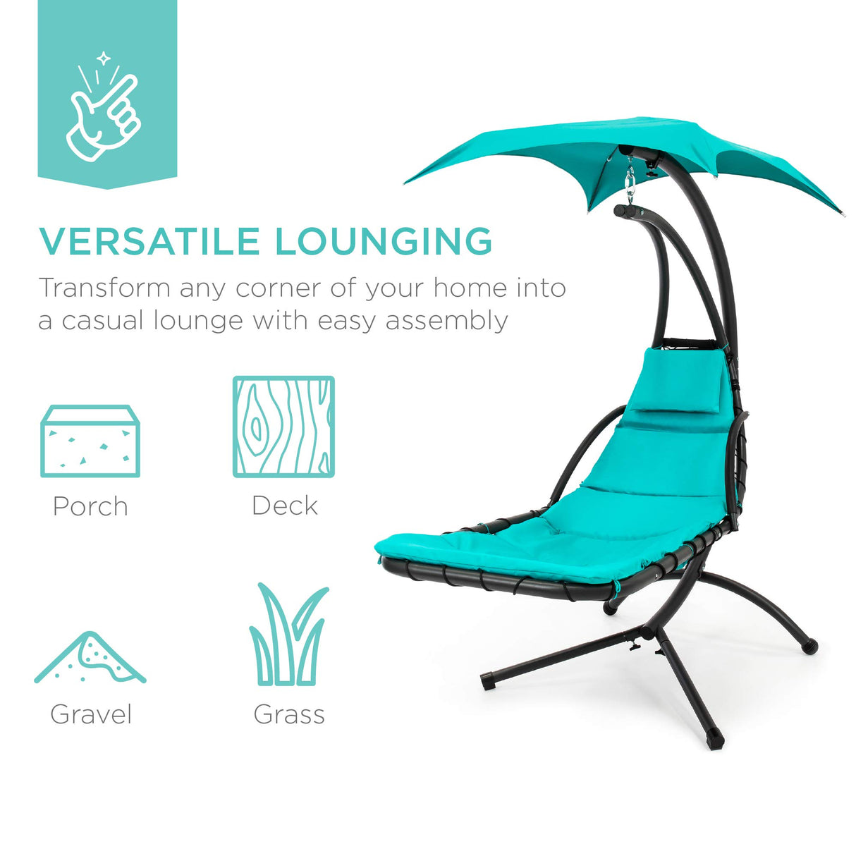 Best Choice Products Outdoor Hanging Curved Steel Chaise Lounge Chair Swing w/Built-in Pillow and Removable Canopy - Teal Best Choice Products