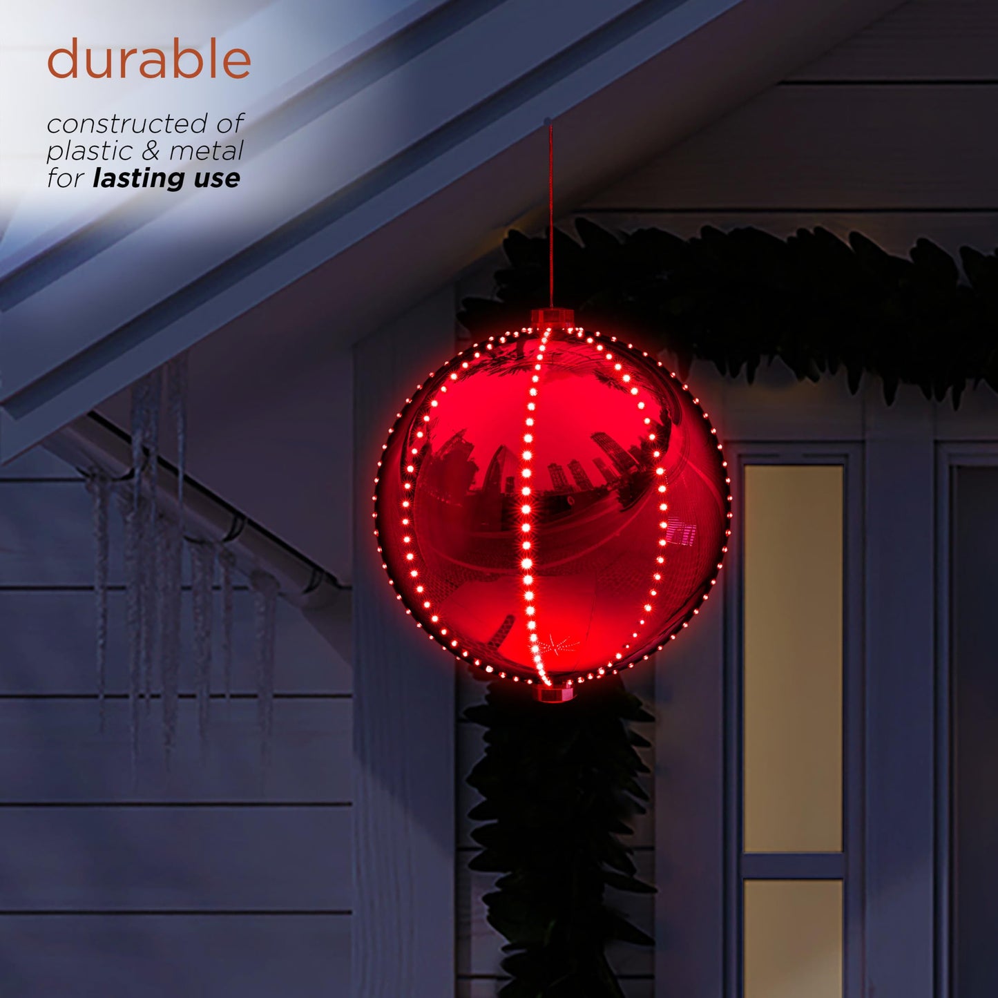 Alpine Corporation 13"H Indoor Large Hanging Christmas Ball Ornament with LED Lights, Red