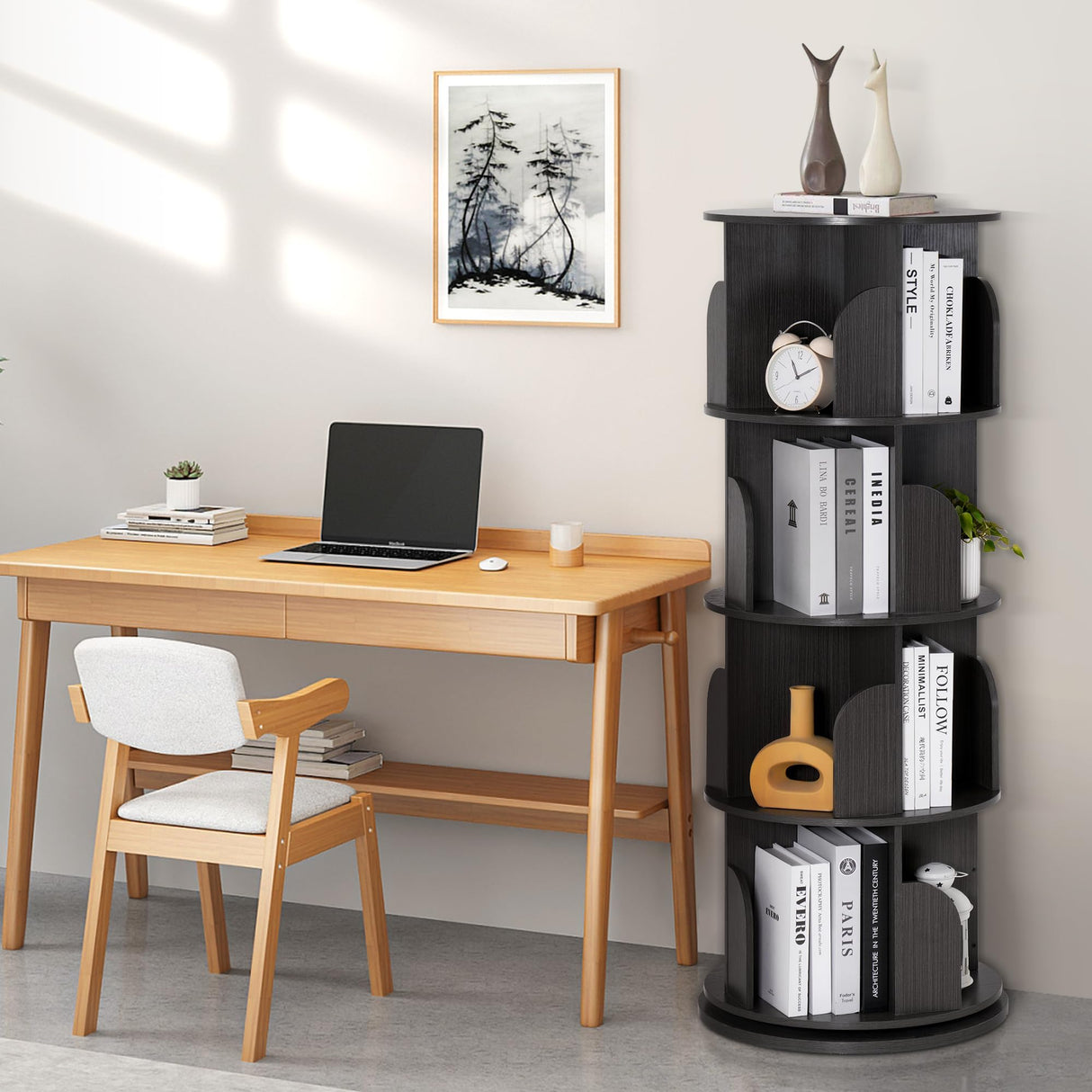 Rengue Rotating Bookshelf Tower, 4 Tiers 360 Spinning Bookshelf Revolving Bookcase Corner Bookshelf Organizer Display Bookshelf, 18" Wide, Grey Rengue