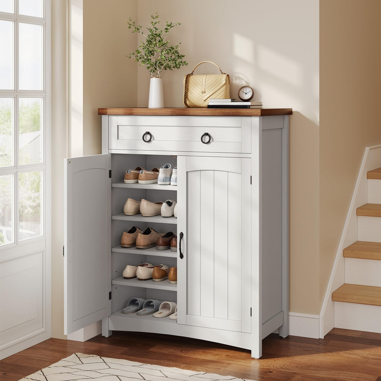 DWVO 5-Tier Shoe Storage Cabinet, Farmhouse Shoes Rack Cabinet with Adjustable Shelf, 43" Tall Shoe Organizer with Drawer & Doors for Entryway Hallway Living Room Closet (White) DWVO