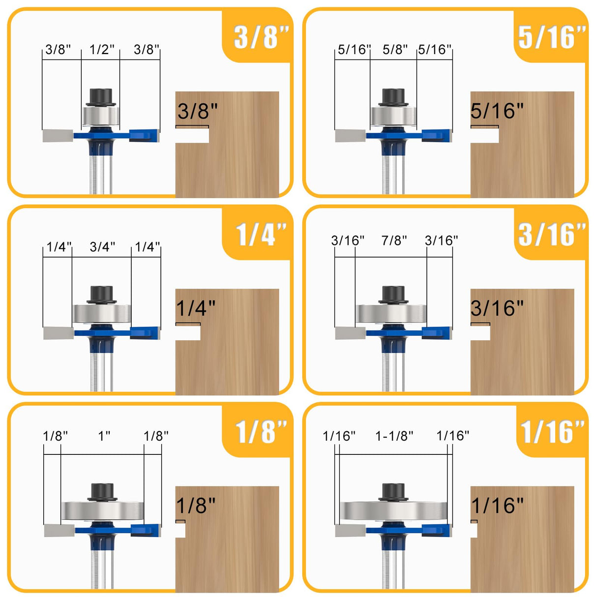 MEIGGTOOL 4Pcs Rabbet Router Bit 1/4" Shank with 6 Bearings Set - 1/16", 1/8", 3/16", 1/4", 5/16", 3/8". Interchangeable Bearings with 1/2" to 1/4" Router Collett MEIGGTOOL