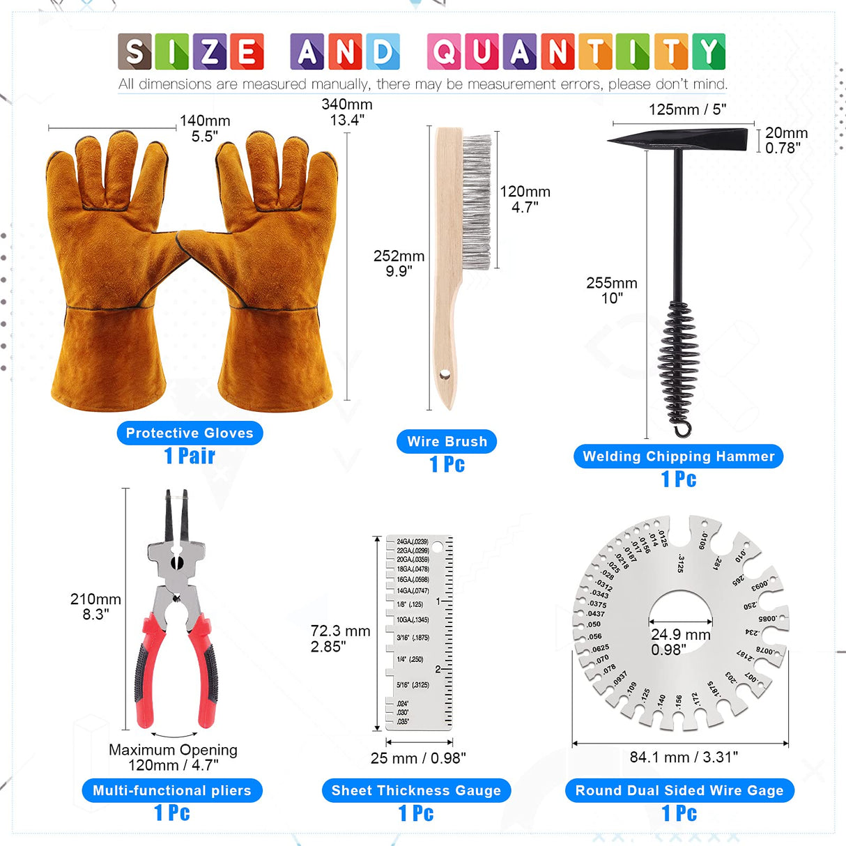 Glarks 6Pcs Welding Slag Removal Tool Set, Include 10'' Welding Chipping Hammer with Coil Spring Handle, Wire Brush, 10'' Welding Plier and 2Pcs Stainless Steel Metal Sheet Thickness Gauges Glarks