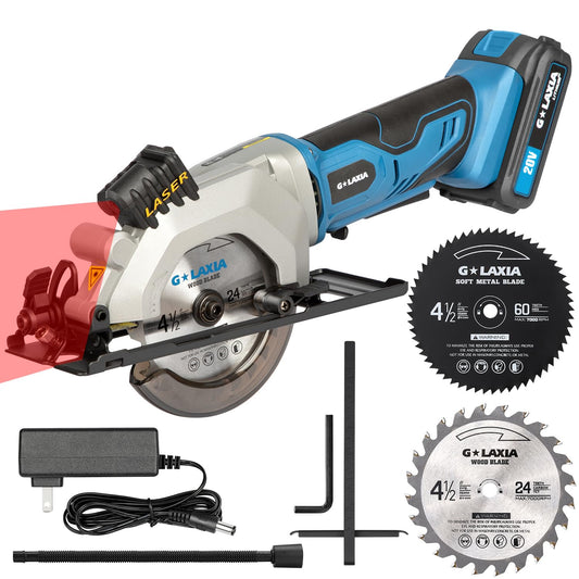 G LAXIA Mini Circular Saw, 4-1/2" 3400RPM Cordless Circular Saw with Laser Guide, Rip Guide, Compact Hand Saw with 2Pcs blades（24T+60T), Max Cutting Depth 1-11/16"(90°), 1-1/8"(45°) - WoodArtSupply