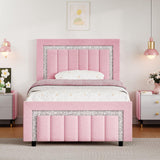 HOMBCK Twin Bed Frames for Girls, Pink Twin Bed Frame with Velvet Upholstered Vertical Channel Diamond Headboard, Princes Bed Frame, Adjustable Headboard, Wooden Slats Support, Easy Assembly, Pink HOMBCK