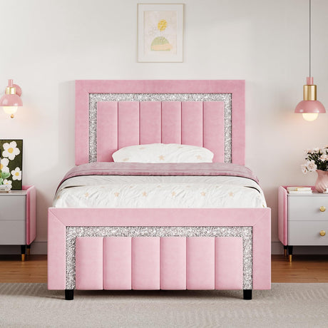 HOMBCK Twin Bed Frames for Girls, Pink Twin Bed Frame with Velvet Upholstered Vertical Channel Diamond Headboard, Princes Bed Frame, Adjustable Headboard, Wooden Slats Support, Easy Assembly, Pink HOMBCK