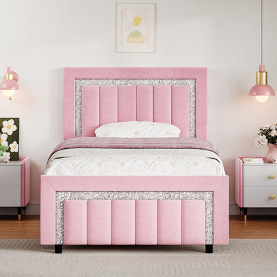 HOMBCK Twin Bed Frames for Girls, Pink Twin Bed Frame with Velvet Upholstered Vertical Channel Diamond Headboard, Princes Bed Frame, Adjustable Headboard, Wooden Slats Support, Easy Assembly, Pink