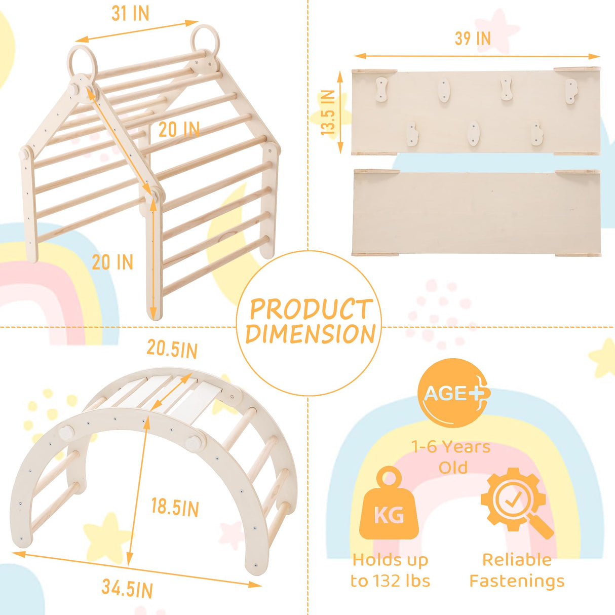 RMHDSLF Transformable Climbing Triangle, Pikler Triangle Set with Arch and Ramp, Foldable Wooden Montessori Climbing, Wood Play Gym, Toddler Gym for 2-6 Years. RMHDSLF