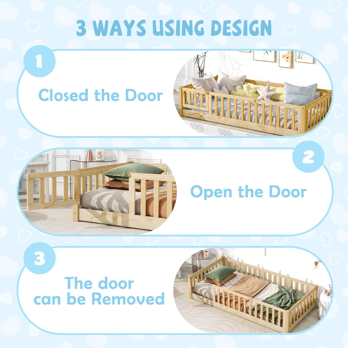 A ALFRESCOOL Full Size Montessori Floor Bed with Safety Fence & Convertible Door, Pine Wood Toddler Floor Bed Frame with Support Slats and Full-Length Guardrails for Kids Girls Boys (Natural) A ALFRESCOOL