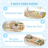 A ALFRESCOOL Full Size Montessori Floor Bed with Safety Fence & Convertible Door, Pine Wood Toddler Floor Bed Frame with Support Slats and Full-Length Guardrails for Kids Girls Boys (Natural) A ALFRESCOOL