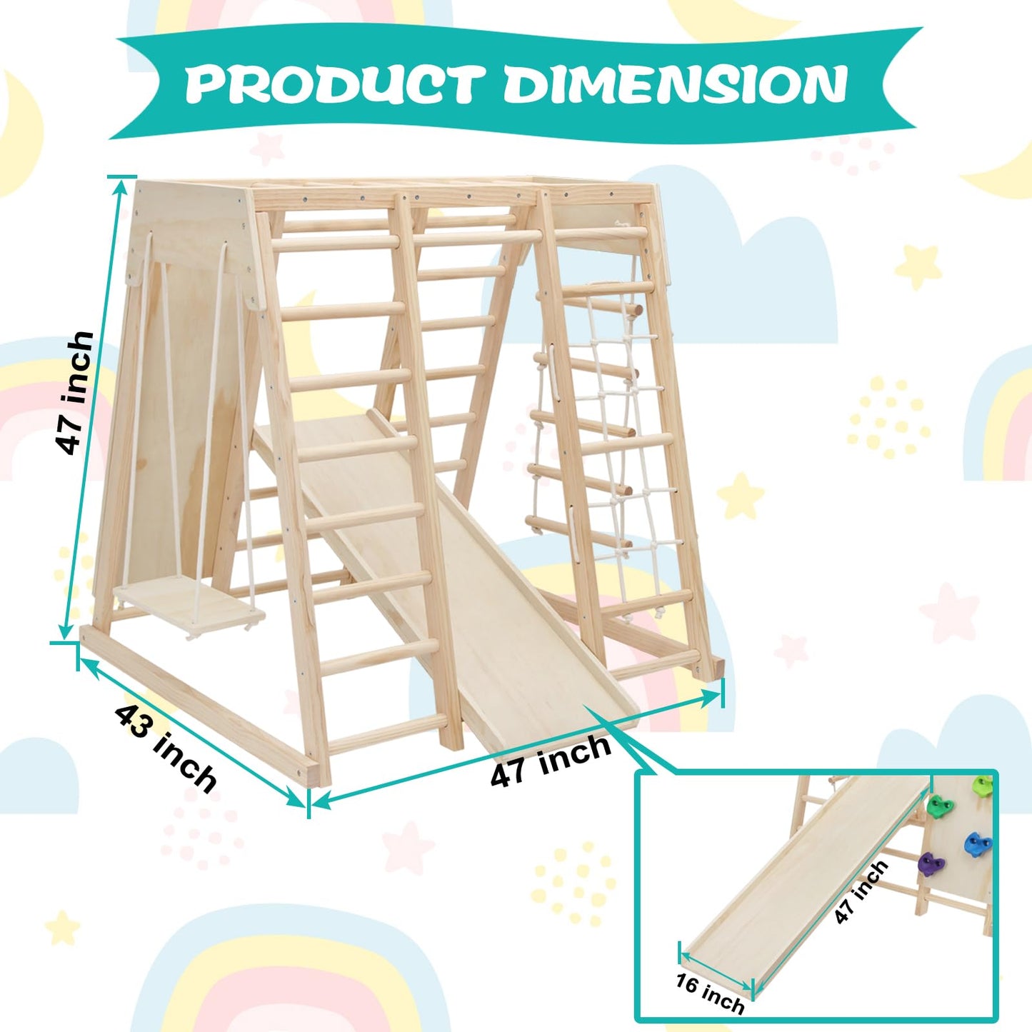 EDOSTORY 7 in 1 Pikler Indoor Playground Jungle Gym Playset, Wooden Montessori Climber with Slide, Rock Climb Wall, Monkey Bars, Rope Ladder, Climbing Rope and Swing for Kids（Natural）