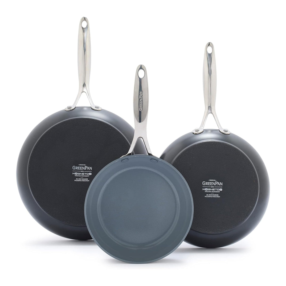 GreenPan Valencia Pro Hard Anodized 3 Piece Fry Pan Skillet Set, Ceramic Nonstick 8" 9.5" and 11" Induction Suitable Frying Pans, PFAS-Free Cookware, Dishwasher Safe, Oven and Broiler Safe, Gray GreenPan