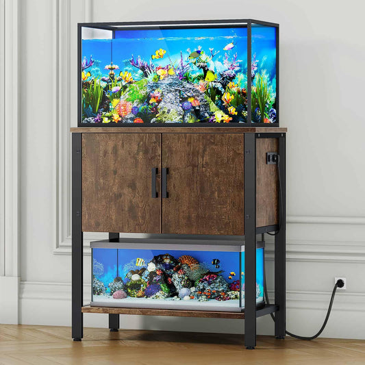 DEPAD 20-30 Gallon Fish Tank Stand with Cabinet, Aquarium Stand with Shelf and Power Outlets, Tabletop for Turtle Fish Terrarium, Heavy-Duty Metal Frame, 330LBS Capacity, 30" L x15.4 W