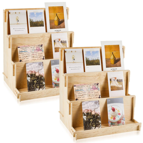 Barydat 2 Pcs 3 Tiered Greeting Card Display Stand Wooden Organizer Racks for Sticker Craft Brochure Table Tabletop Vendors Retail Counter Trade Shows Showcase Barydat