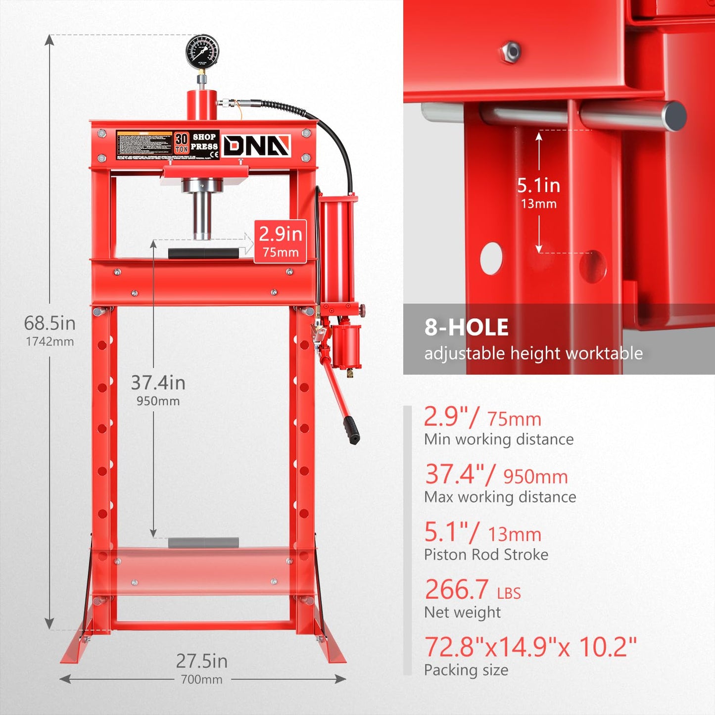 DNA MOTORING 30 Ton Air Hydraulic Shop Press with Plates, H-Frame Garage Floor Press, 30T / 66139lbs, Adjustable Working Table Height, TOOLS-00292, Red - WoodArtSupply