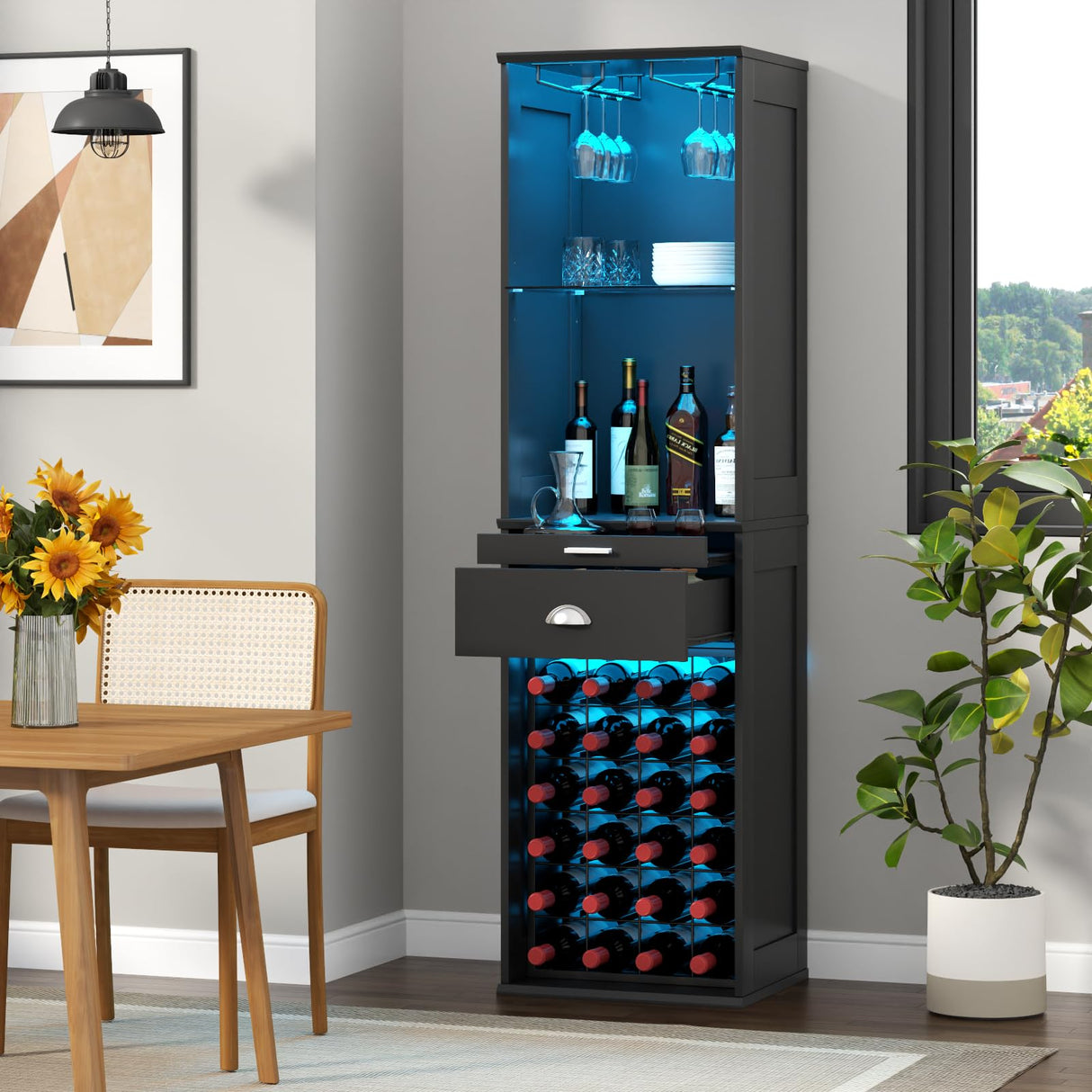 Loomie Wine Bar Cabinet with LED Lights, 65'' Tall Coffee Bar with 24 Wine Rack & Glass Holder, Freestanding Liquor Cabinet with Tray & Drawer & Adjustable Shelf (Black) Loomie