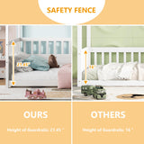 Full Size Canopy Bed Frame with 4 Posters and Guardrails, Full Size Montessori Floor Bed with High Fence, White Montessori Bed Bellemave