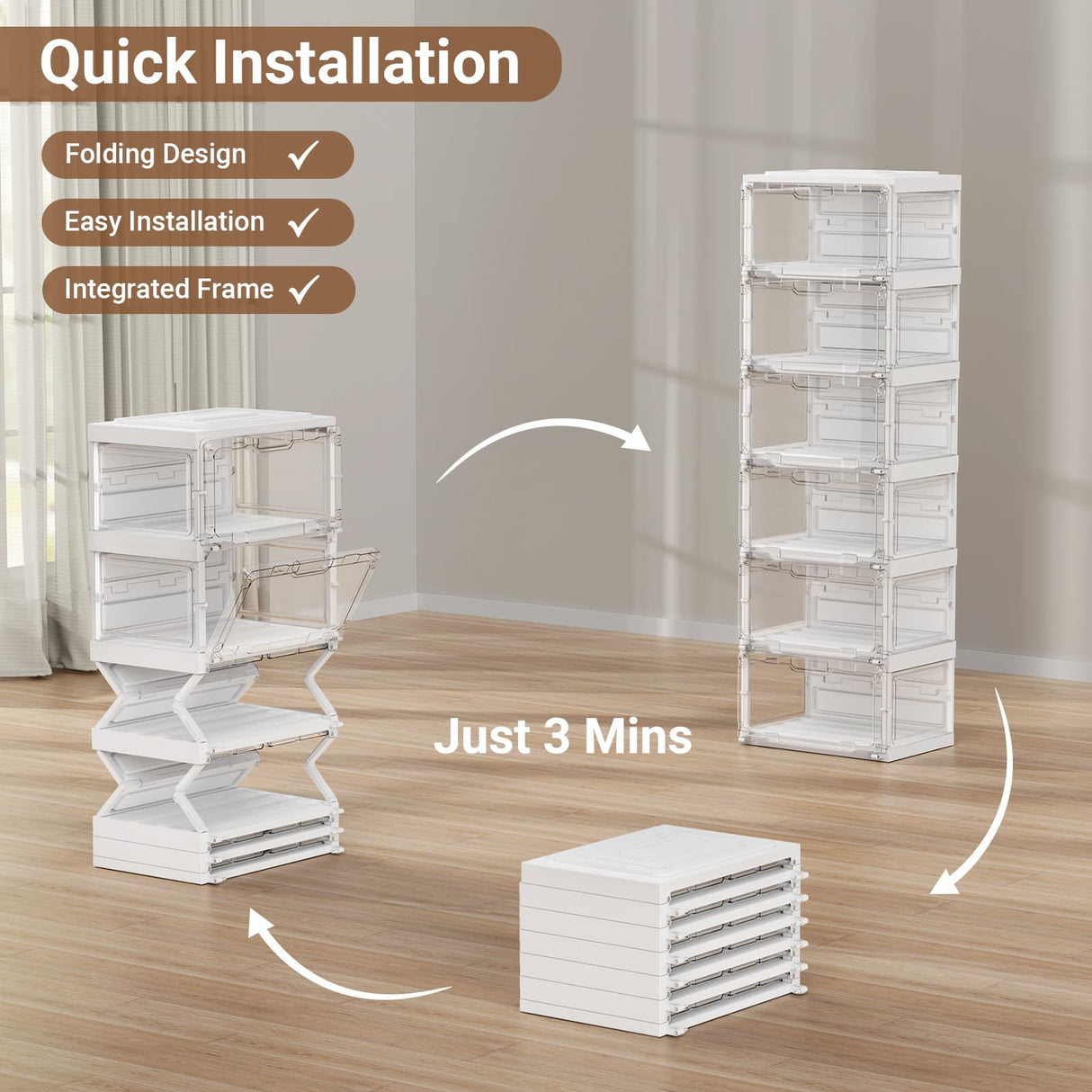 BROVIEW Led Shoe Boxes, Shoe Display Case with Lights, Large Clear Plastic Foldable Shoe Storage Box, Voice Activated Led Shoe Organizer Sneaker Case, Collection Crate, 1 Row 6 Tier White BROVIEW