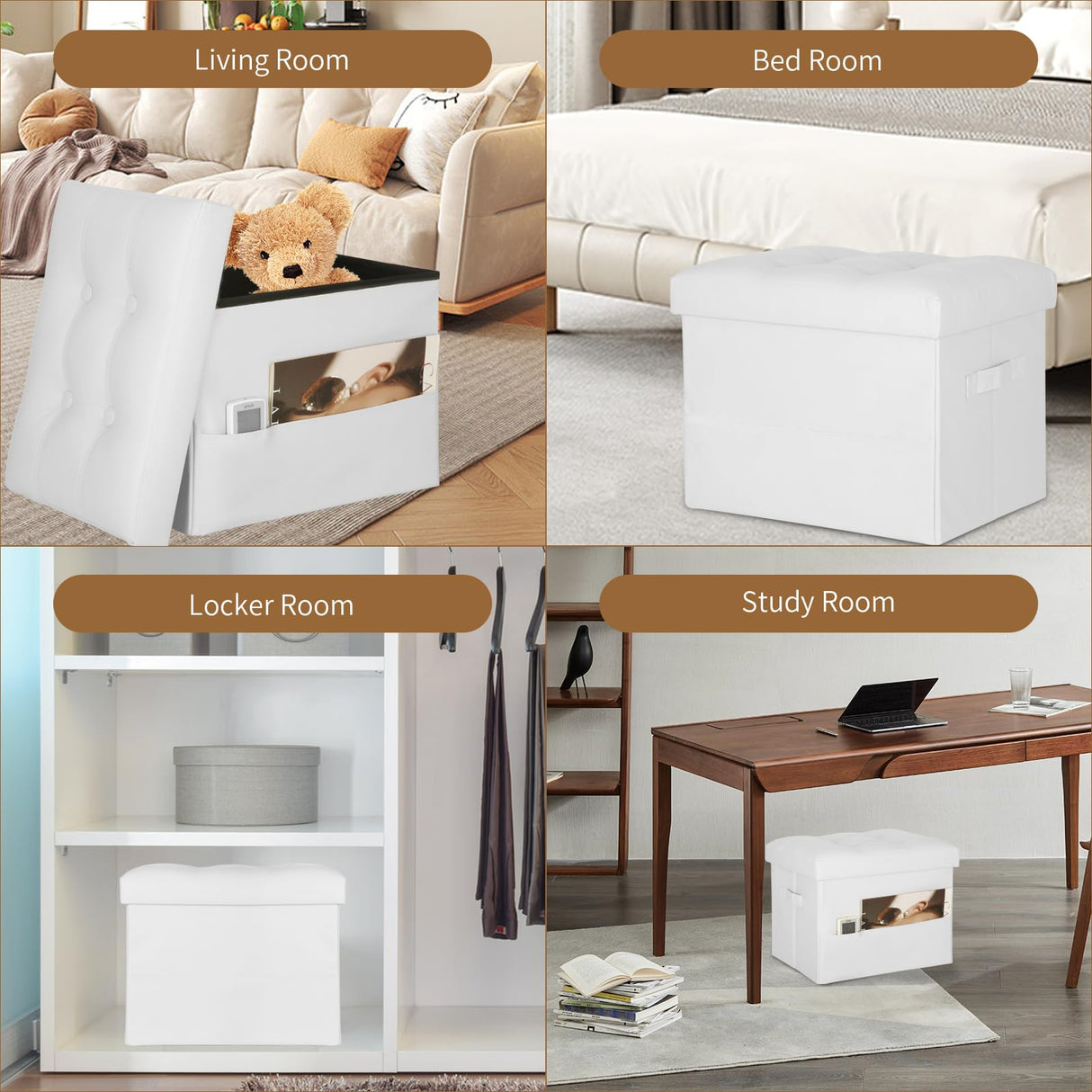 BelugaHelper Ottoman with Storage. Leather Foldable Ottomans with Thick Foam Padded Seat. Foot Rest Stool Storage for Living Room and Bedroom. Side Pockets and Handles Designed. 17x13x13in, White BelugaHelper