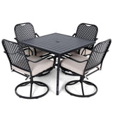 MELLCOM 5 Pcs Outdoor Dining Set, 4 Swivel Rocker Chairs with Thick Cushions & Square Dining Table with Umbrella Hole, Patio Furniture Set for Porch, Beige MELLCOM
