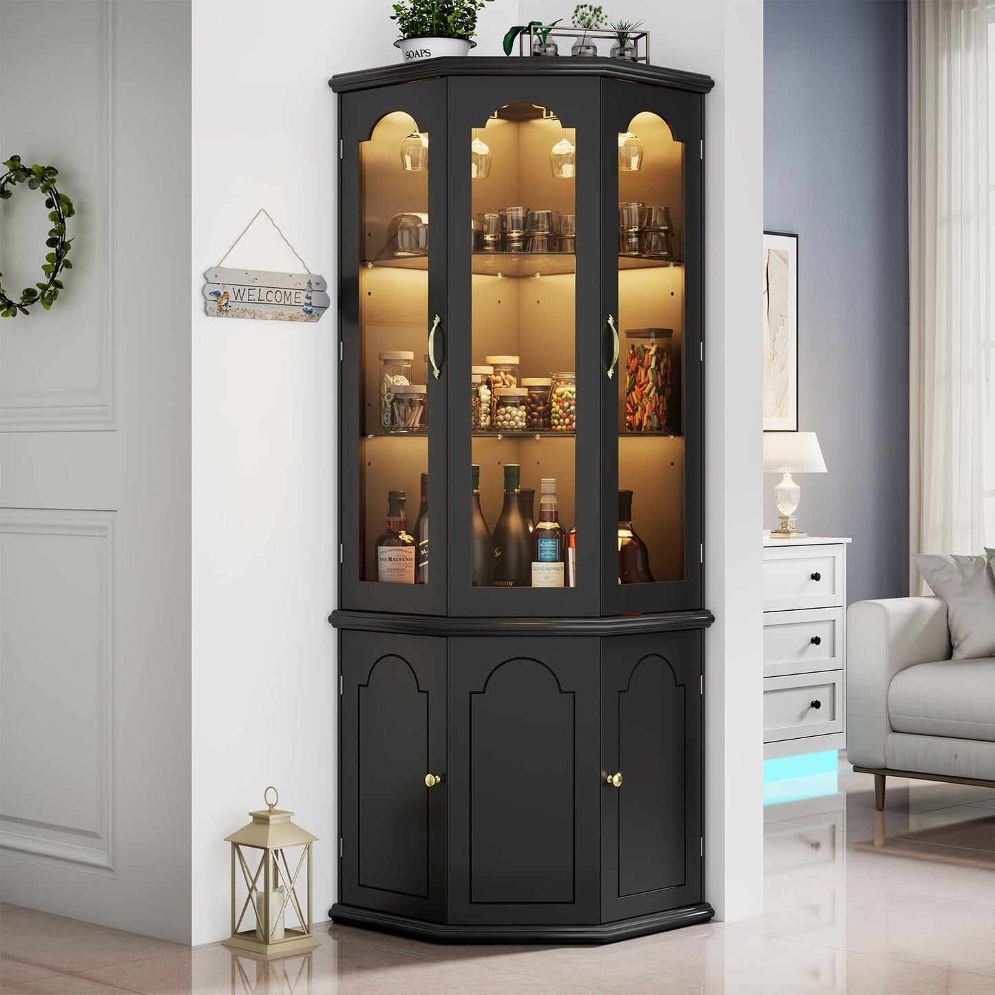 Gyfimoie Corner Bar Cabinet w/LED Lights, Tall Modern Wine Cabinet with Tempered Glass Door & Adjustable Shelves, Home Bar Liquor Storage Cabinet with Glass Rack for Living Room, Dining Room (Black)