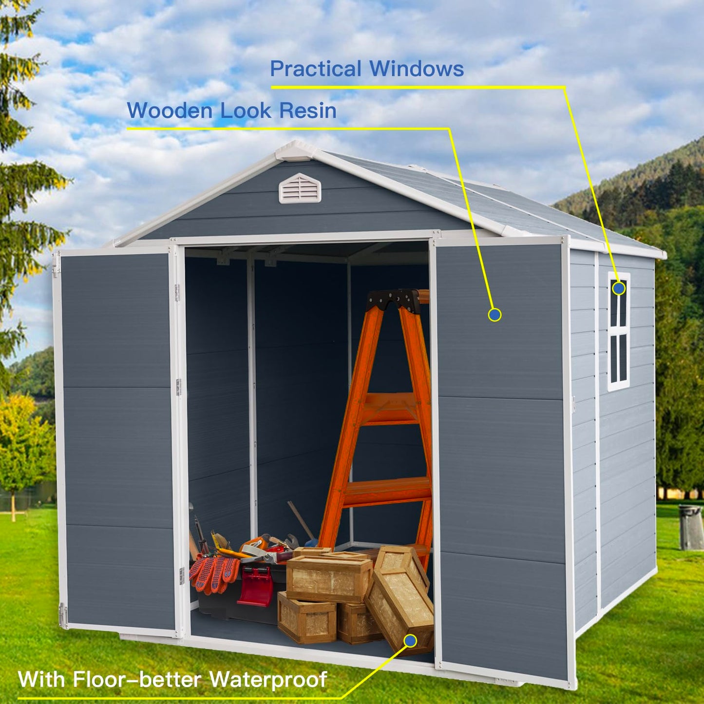 6ft×4ft Resin Outdoor Storage Shed,Outdoor Storage Shed with Floor & Window to Store Patio Furniture, Garden Tools Bike Accessories, Beach Chairs and Lawn Mower. (6ft×4ft)