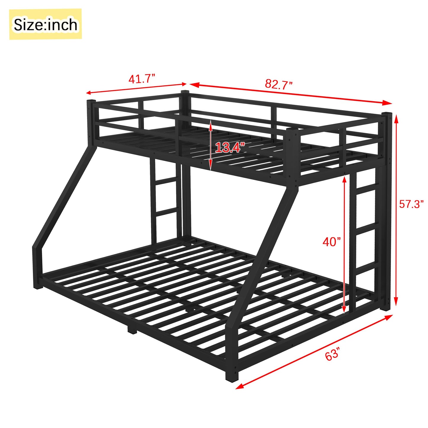 PVWIIK Twin XL Over Queen Bunk Bed with Full Length Guardrail & Ladders,Heavy Duty Metal Low Bunk Bed Frame for Adults, Teens, Kids,No Box Spring Needed,Black