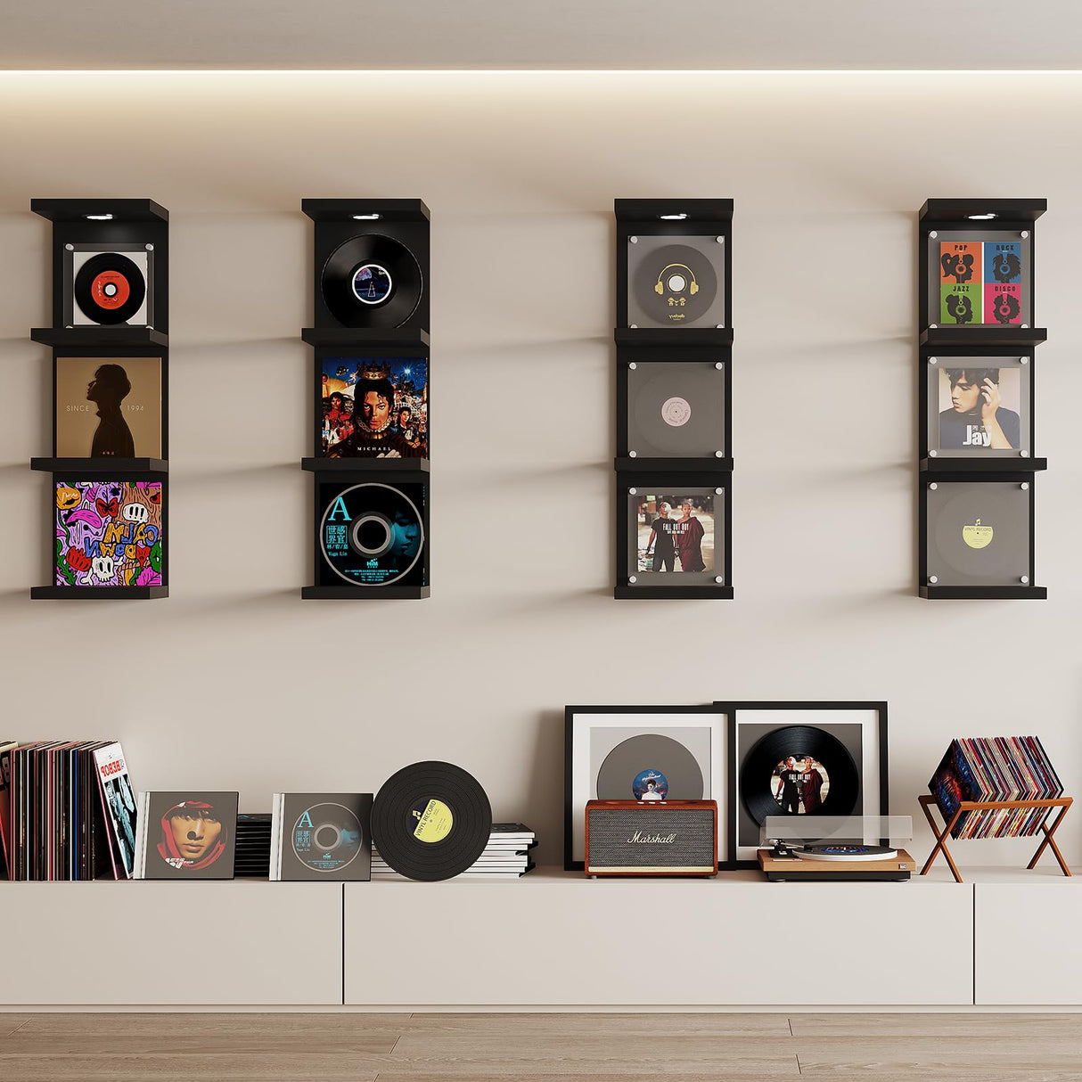 LitaEther Versatile 4 Tier Wall Shelf Unit,Black Lack Wall Shelf,Display Floating Shelf with LED Remote Control Light LitaEther