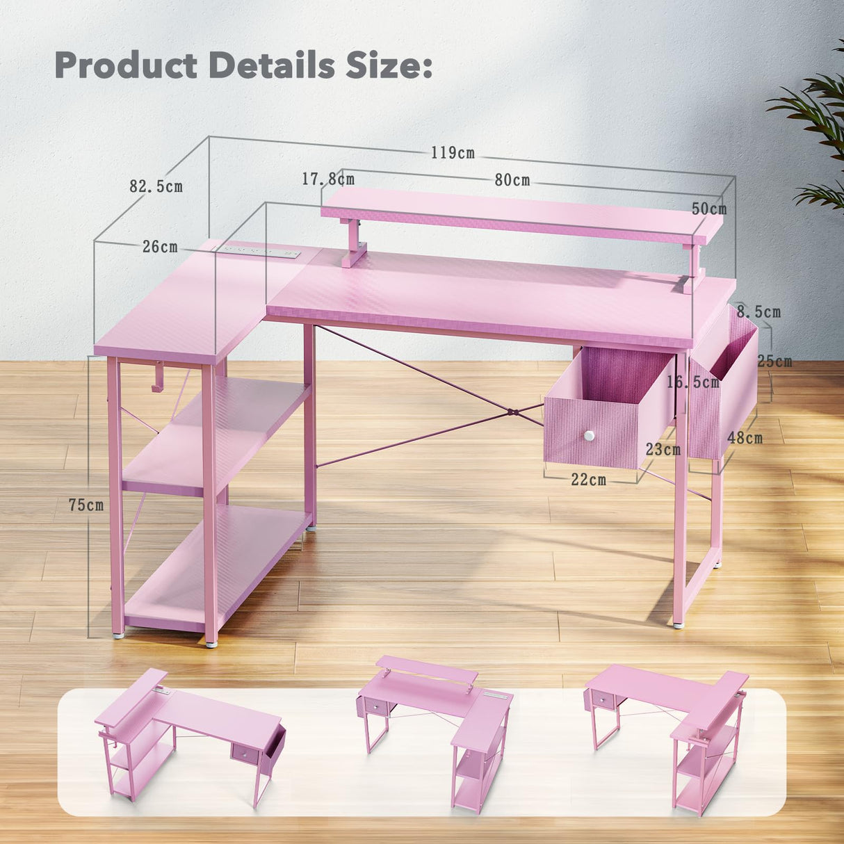 DOMICON Gaming Desk, 47 inch L Shaped Gaming Desk, Computer Desk with LED Lights & Adjustable Stand, Power Outlets, Storage Drawer, Reversible Gaming Desk with Shelves, Hook, Carbon Fiber Pink DOMICON