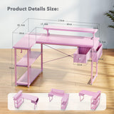 DOMICON Gaming Desk, 47 inch L Shaped Gaming Desk, Computer Desk with LED Lights & Adjustable Stand, Power Outlets, Storage Drawer, Reversible Gaming Desk with Shelves, Hook, Carbon Fiber Pink DOMICON