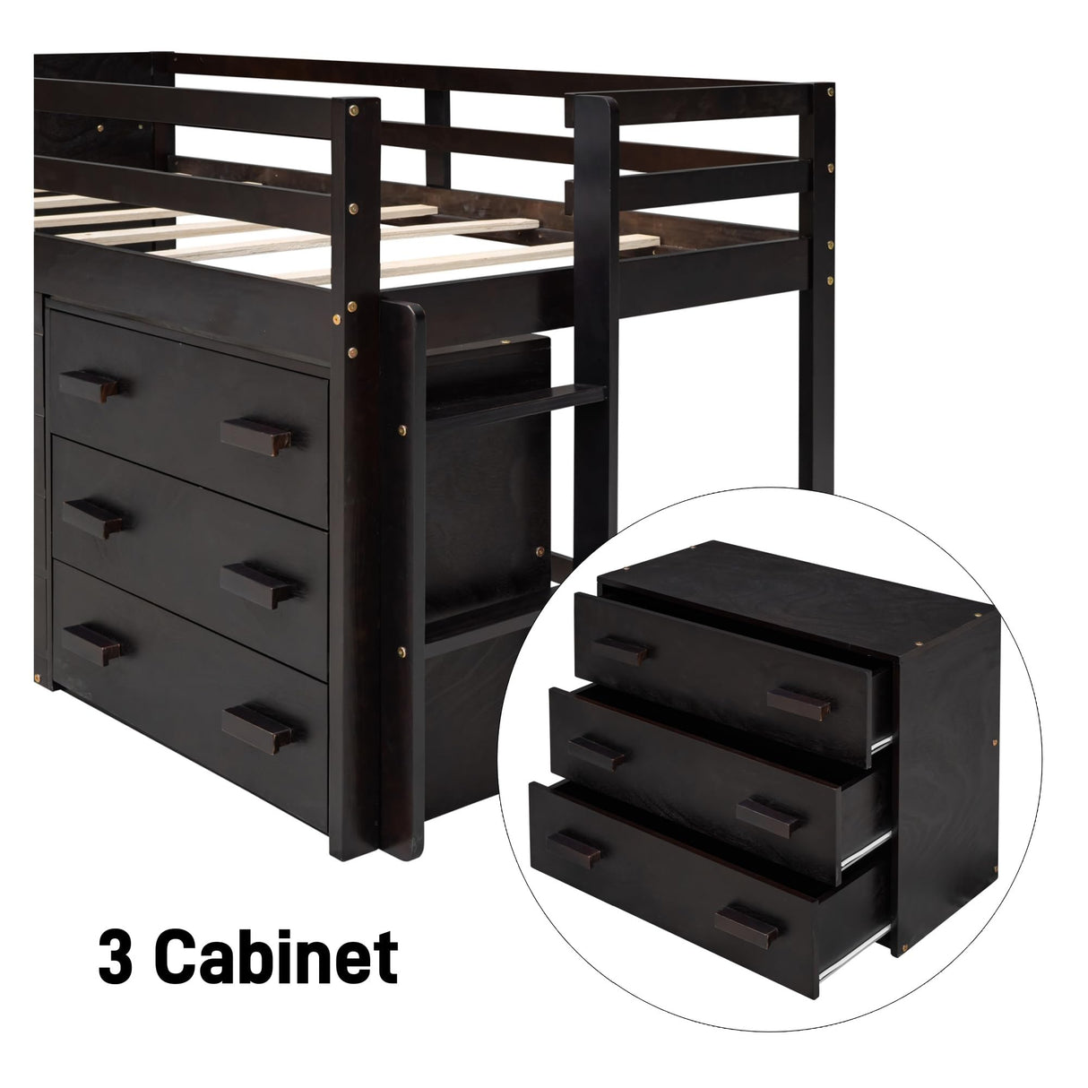 Merax Twin Size Loft Bed, Wood Bedframe for Kids Teens Adults Bedroom with Cabinet, Shelf, Stairs, Espresso Merax