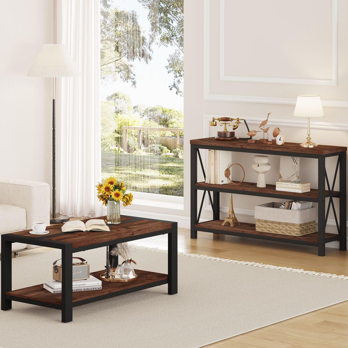 BON AUGURE Coffee Table for Living Room, Industrial Wood and Metal Living Room Tables, Farmhouse Rectangular Center Table (Rustic Oak, 43 Inch) BON AUGURE