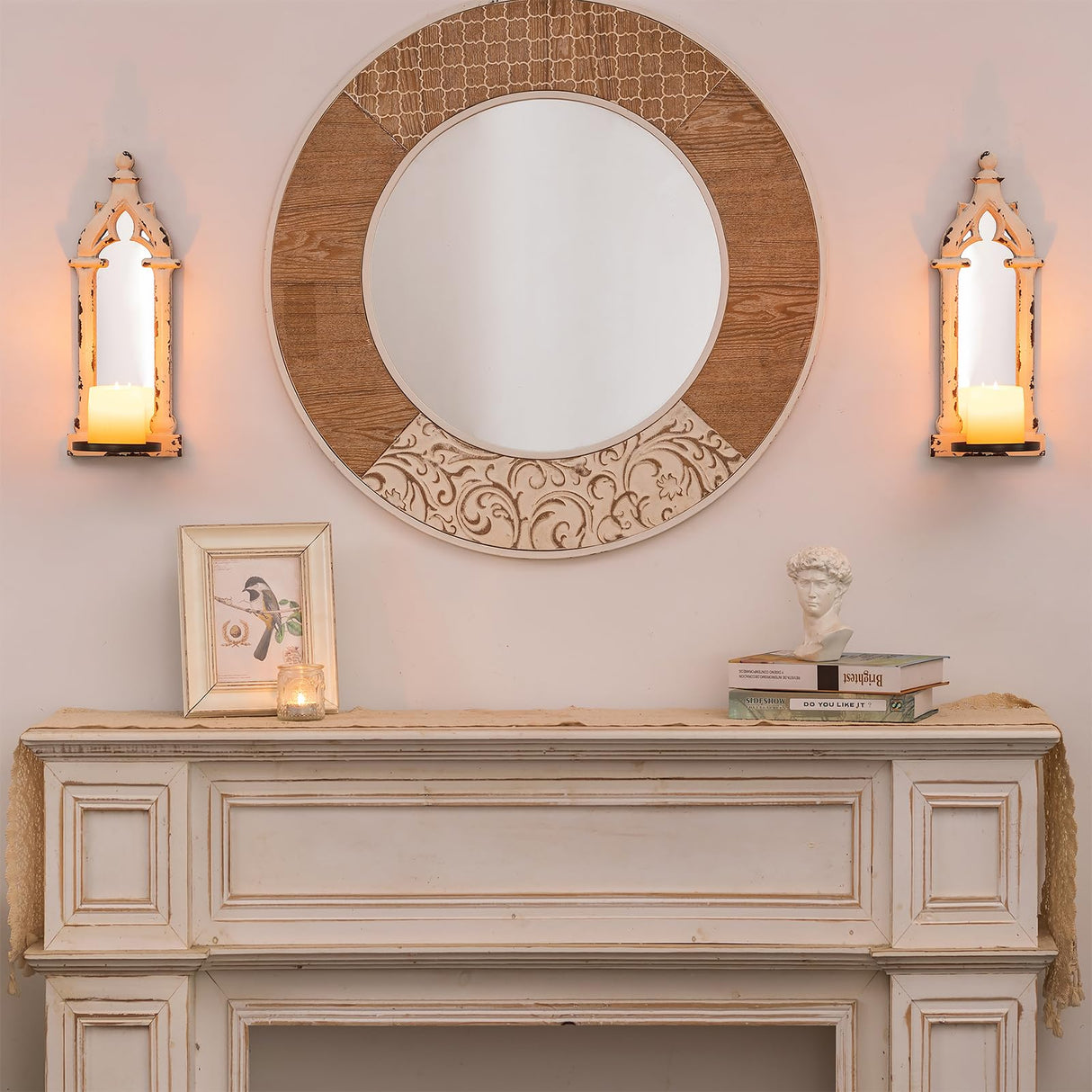 Walasis Rustic Mirror Wall Candle Sconces Set of 2 - Distressed Candle Holder Wood Decor for Farmhouse Bathroom Living Room Mirrored Sconce Walasis